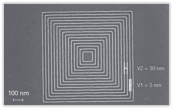 Test pattern with ultra-high resolution lines (5 nm) with 30 nm pitch. Pattern homogeneity is maintained over an entire wafer.