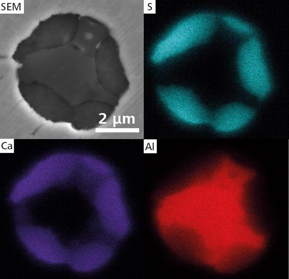Second sample with Ca treatment SEM image of a globular CaS inclusion and EDS maps.