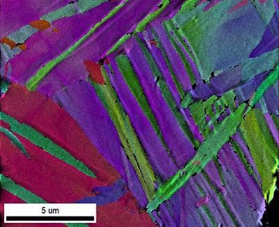 EBSD Image Quality and IPF orientation map from cryo-forged nanotwinned titanium collected at 7 kV and 200 pA beam doses for improved spatial resolution.