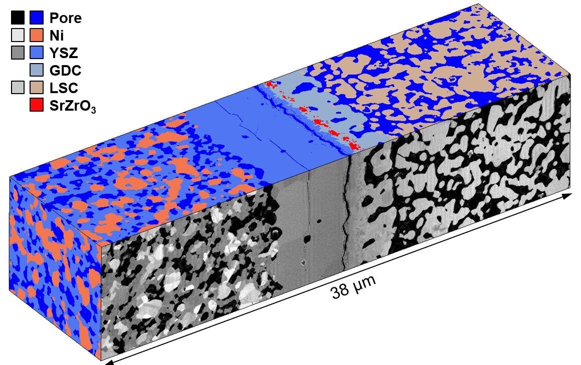 Solide oxide electrolysis cell, changes after cycling, 3D tomogram, images and EDS data in 3D, ZEISS FIB-SEM, Atlas Analytics. Sample courtesy of: M.Cantoni, EPFL, CH.