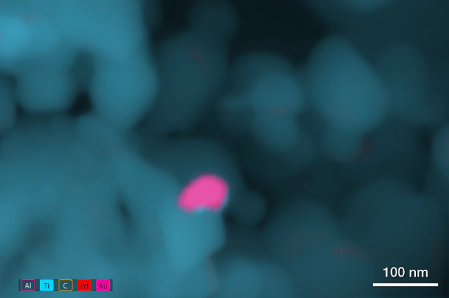 Au/Pd nanoparticle on TiO2 support. Within a 1-minute frame time, ColorSEM technology maps the composition, even on nanoparticle feature sizes.