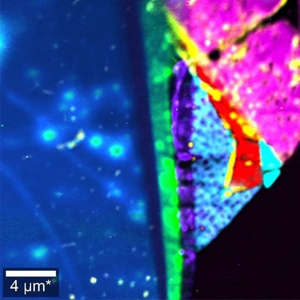 Raman image of tungsten diselenide (WSe2) recorded at 120K. Areas with one (green), two (blue) and three (red) layers were clearly identified from their Raman spectra.